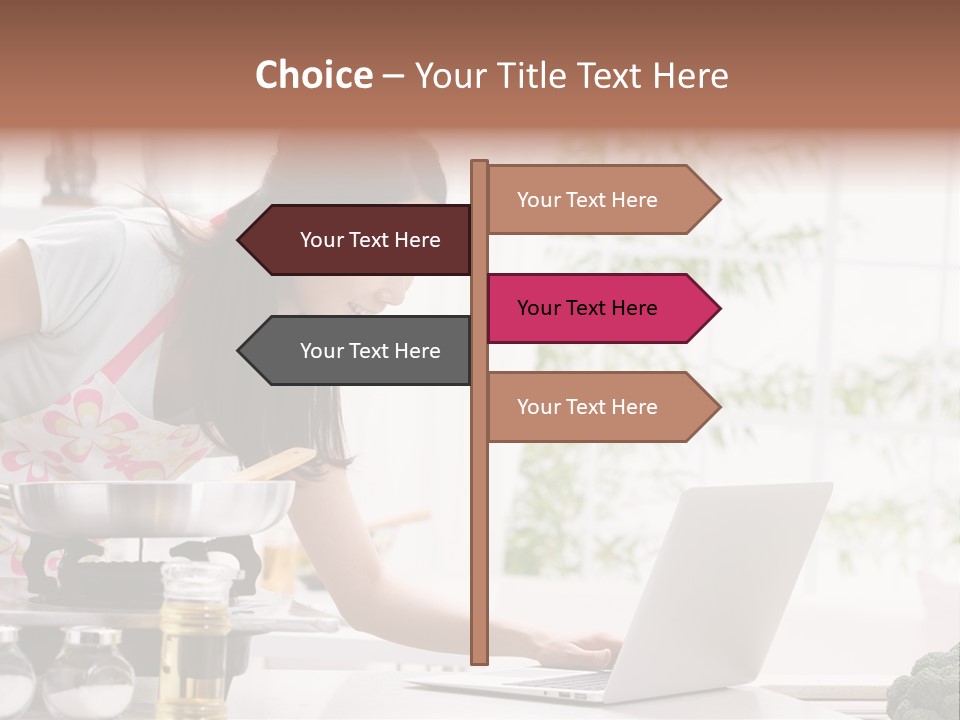 A Woman Using A Laptop On A Kitchen Counter PowerPoint Template