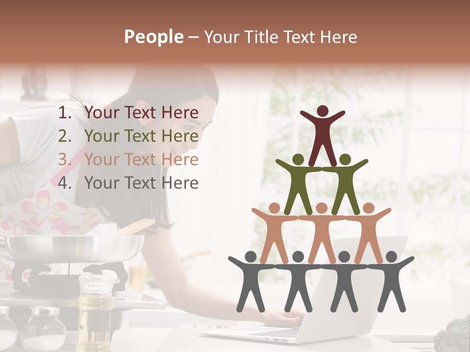 A Woman Using A Laptop On A Kitchen Counter PowerPoint Template