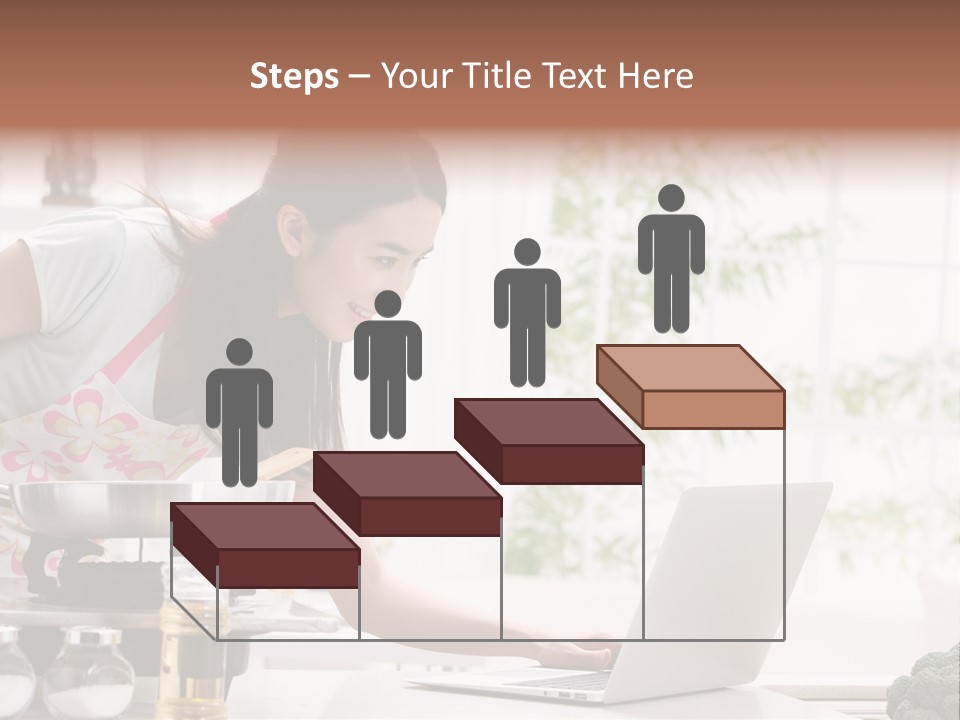 A Woman Using A Laptop On A Kitchen Counter PowerPoint Template