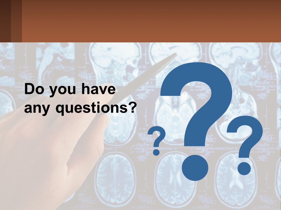 A Person Holding A Pen In Front Of A Brain Scan PowerPoint Template