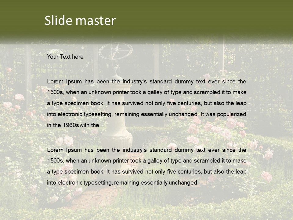 A Garden With Flowers And A Bench In The Middle Of It PowerPoint Template
