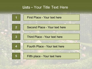 A Garden With Flowers And A Bench In The Middle Of It PowerPoint Template