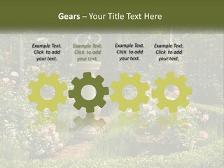 A Garden With Flowers And A Bench In The Middle Of It PowerPoint Template