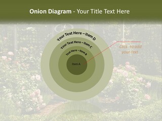 A Garden With Flowers And A Bench In The Middle Of It PowerPoint Template