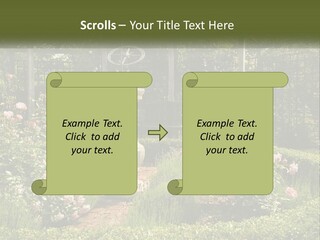 A Garden With Flowers And A Bench In The Middle Of It PowerPoint Template