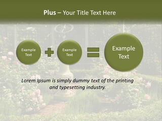 A Garden With Flowers And A Bench In The Middle Of It PowerPoint Template