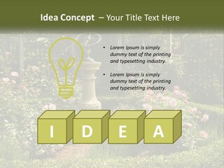 A Garden With Flowers And A Bench In The Middle Of It PowerPoint Template
