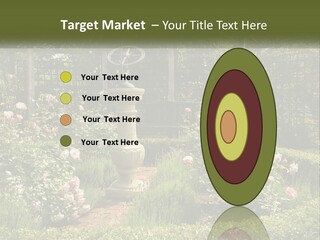 A Garden With Flowers And A Bench In The Middle Of It PowerPoint Template
