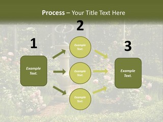A Garden With Flowers And A Bench In The Middle Of It PowerPoint Template