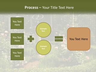 A Garden With Flowers And A Bench In The Middle Of It PowerPoint Template