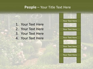 A Garden With Flowers And A Bench In The Middle Of It PowerPoint Template