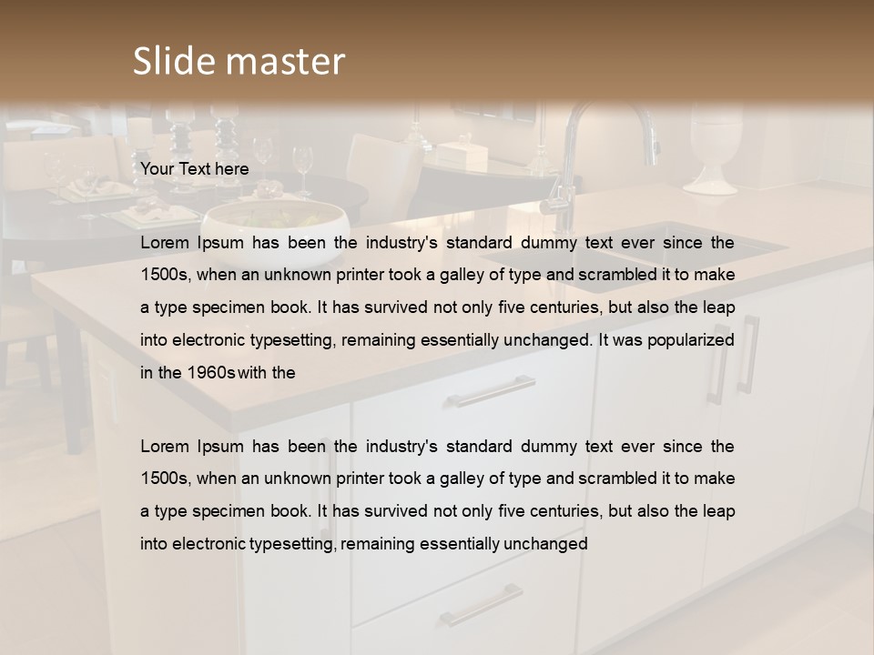 A Kitchen With A Center Island And A Sink PowerPoint Template