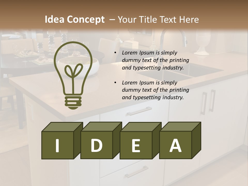 A Kitchen With A Center Island And A Sink PowerPoint Template