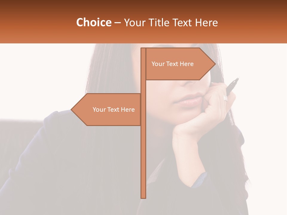 A Woman Holding A Pen In Front Of Her Face PowerPoint Template