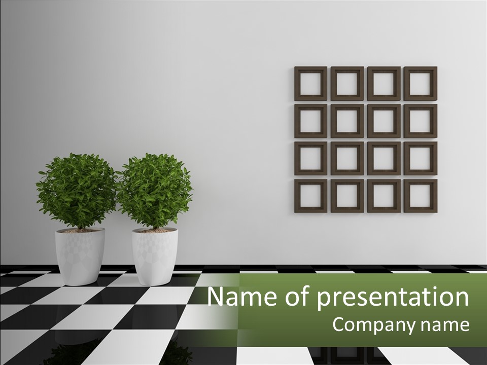 A Black And White Checkered Floor With Two Potted Plants PowerPoint Template