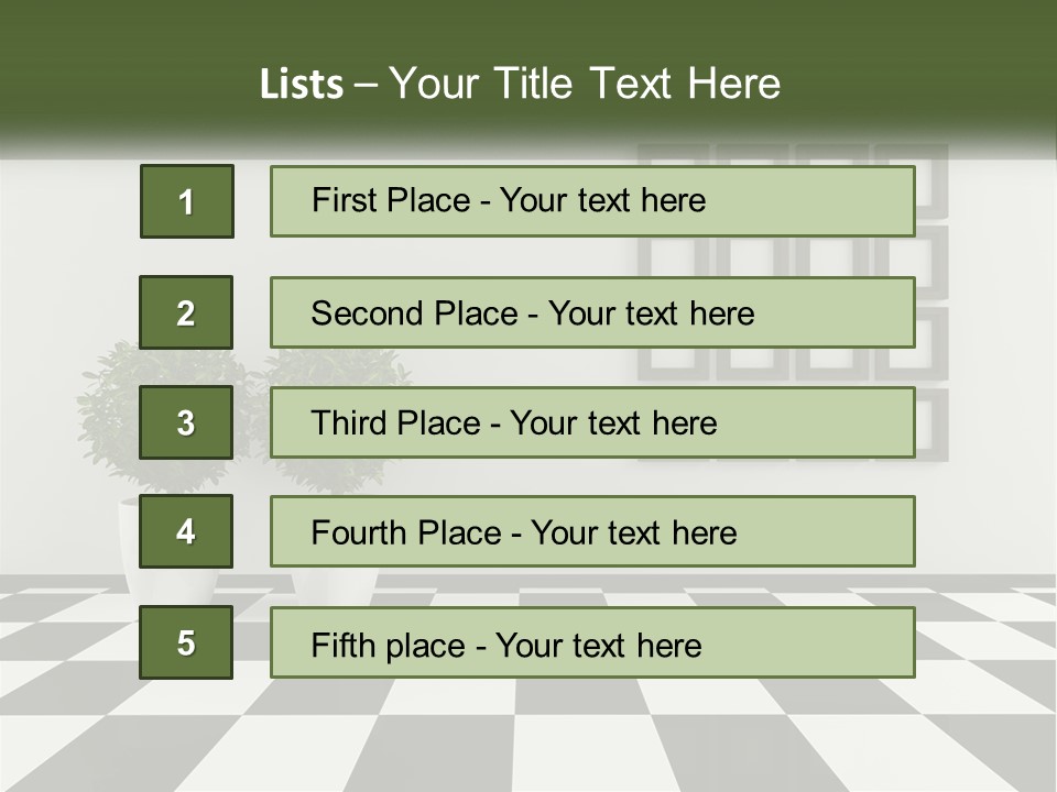 A Black And White Checkered Floor With Two Potted Plants PowerPoint Template
