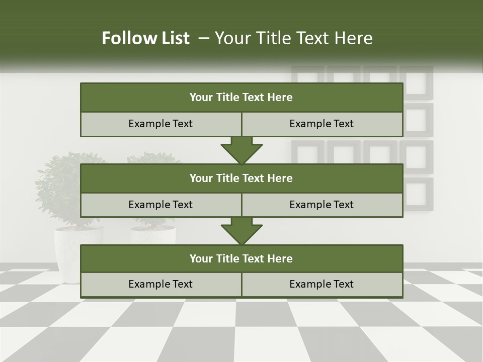 A Black And White Checkered Floor With Two Potted Plants PowerPoint Template