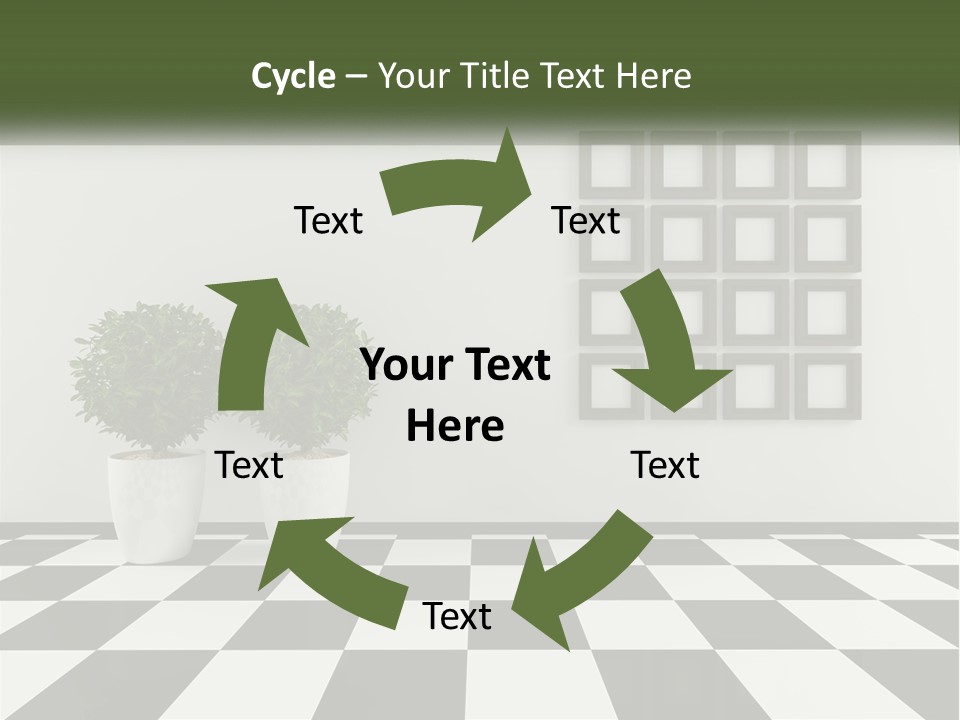 A Black And White Checkered Floor With Two Potted Plants PowerPoint Template