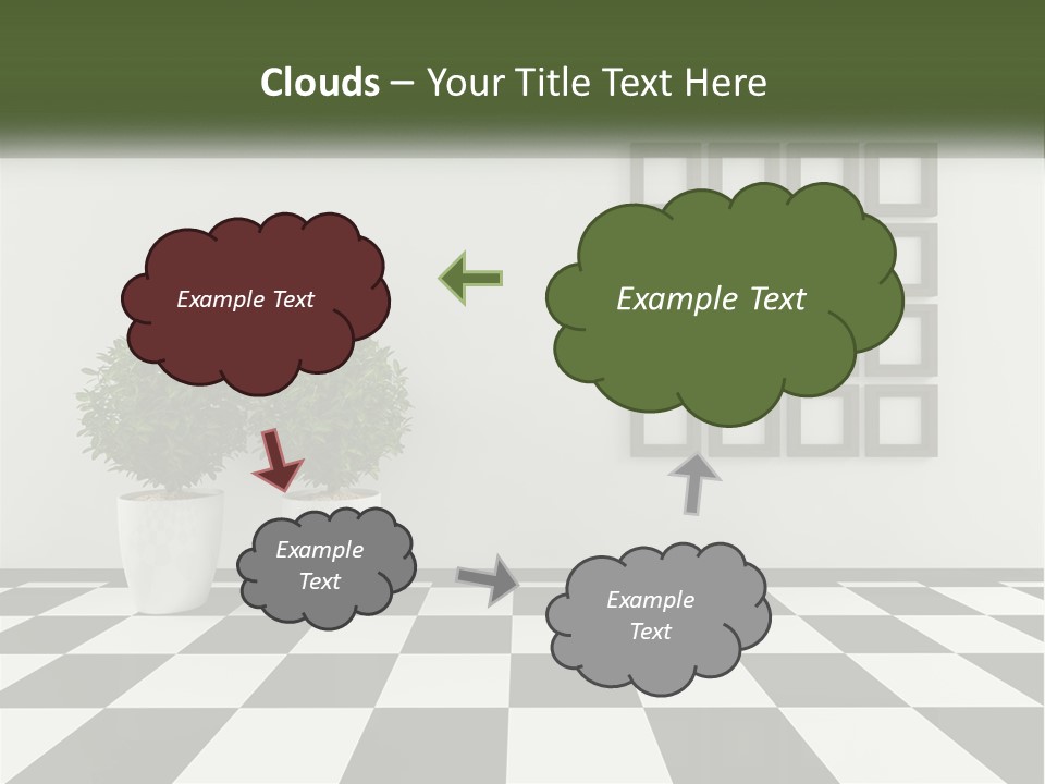 A Black And White Checkered Floor With Two Potted Plants PowerPoint Template