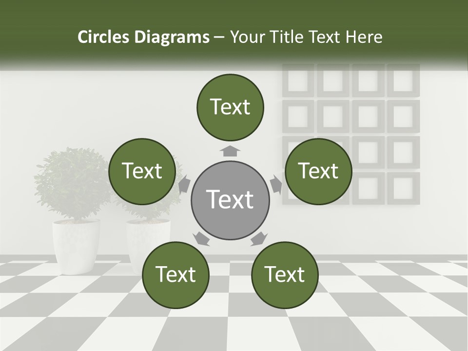 A Black And White Checkered Floor With Two Potted Plants PowerPoint Template