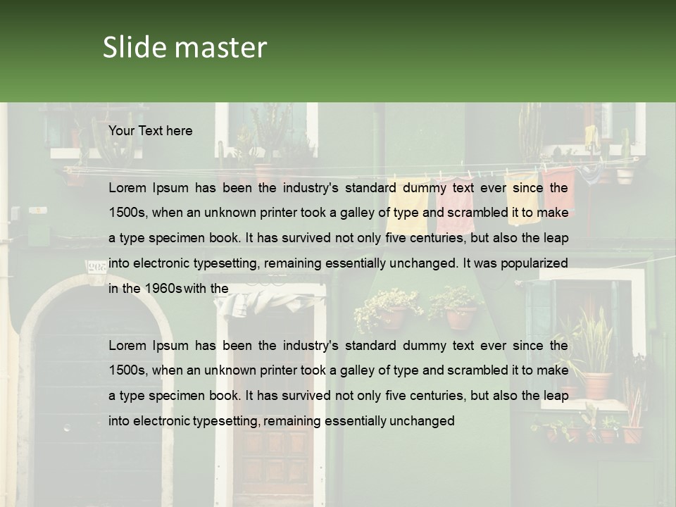 A Green Building With Potted Plants On The Windows PowerPoint Template