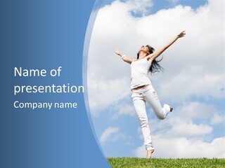 A Woman Jumping In The Air With Her Arms Outstretched PowerPoint Template