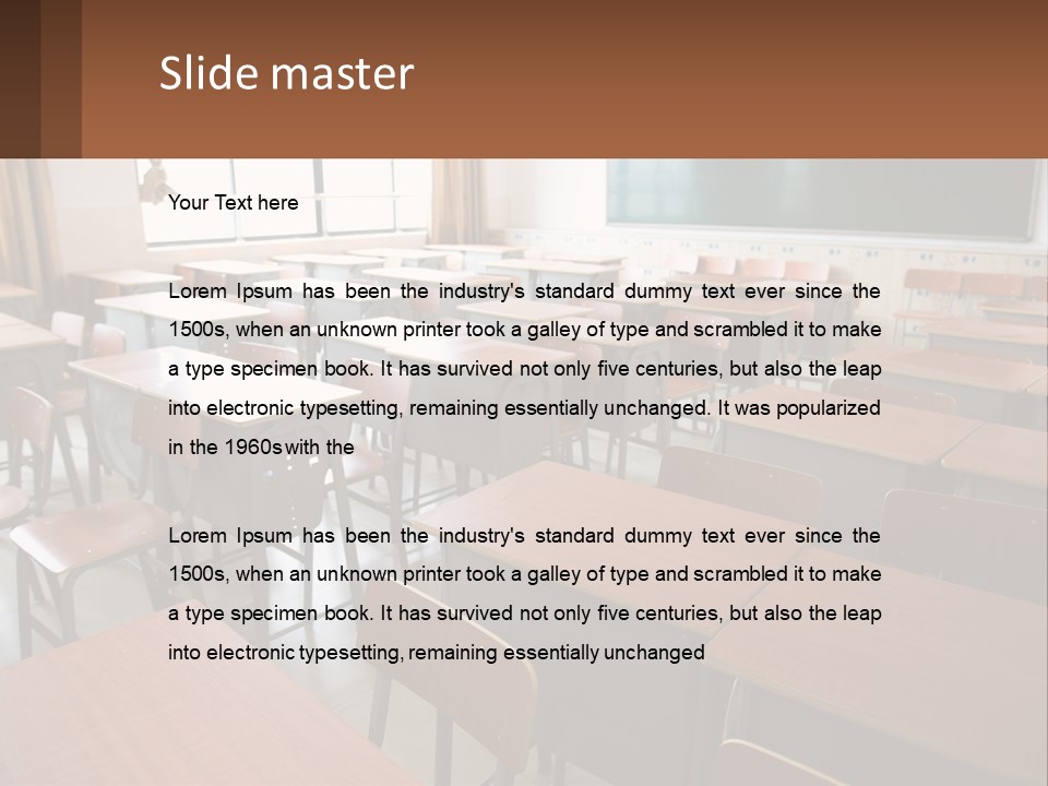 A Classroom With Desks And A Chalk Board PowerPoint Template