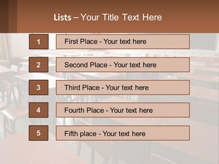 A Classroom With Desks And A Chalk Board PowerPoint Template