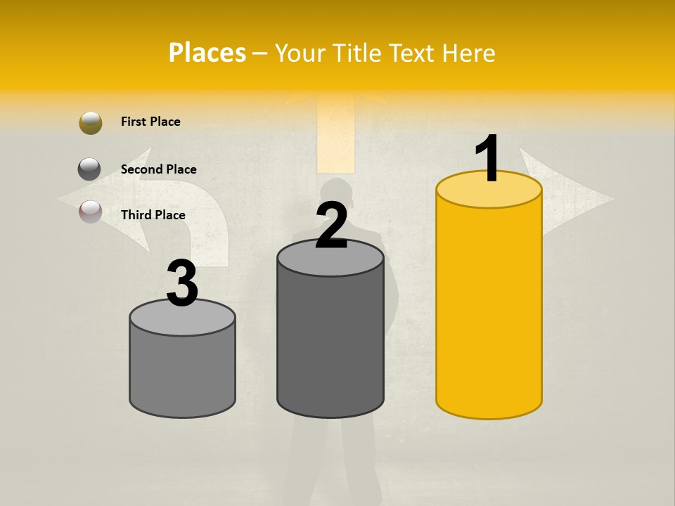 A Man Standing In Front Of A Wall With Arrows PowerPoint Template