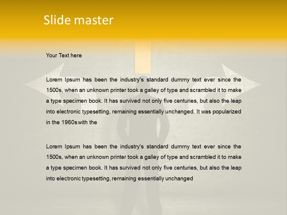 A Man Standing In Front Of A Wall With Arrows PowerPoint Template