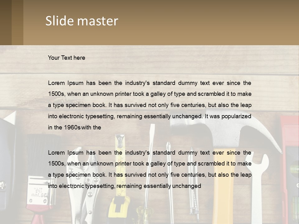 A Variety Of Tools On A Wooden Table PowerPoint Template