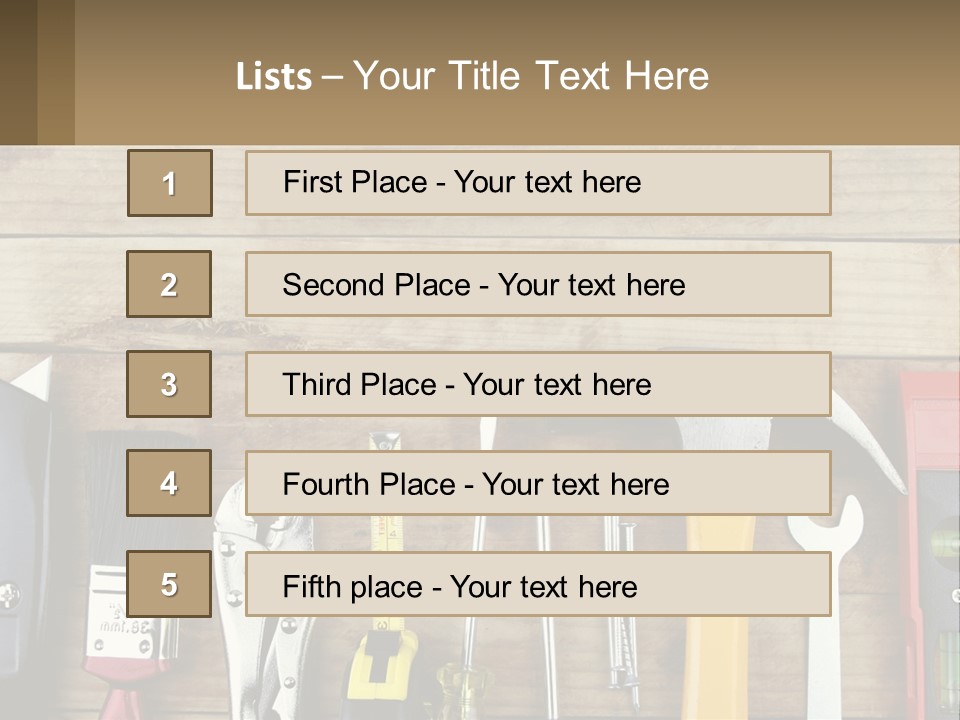 A Variety Of Tools On A Wooden Table PowerPoint Template