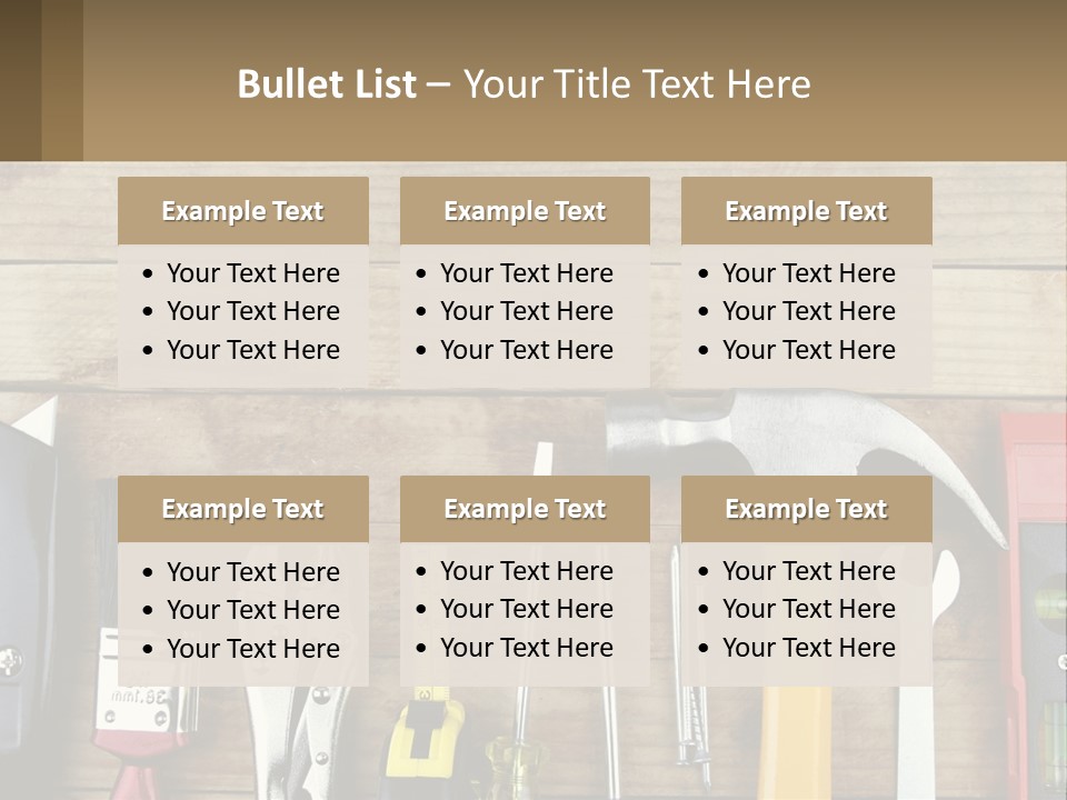 A Variety Of Tools On A Wooden Table PowerPoint Template