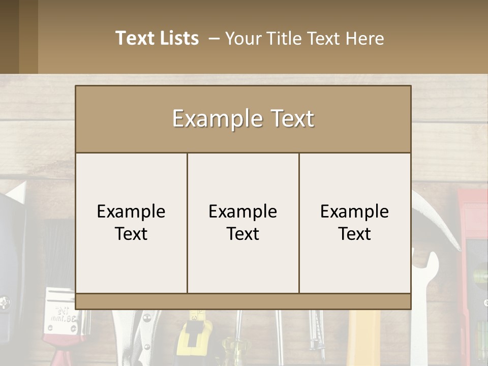 A Variety Of Tools On A Wooden Table PowerPoint Template