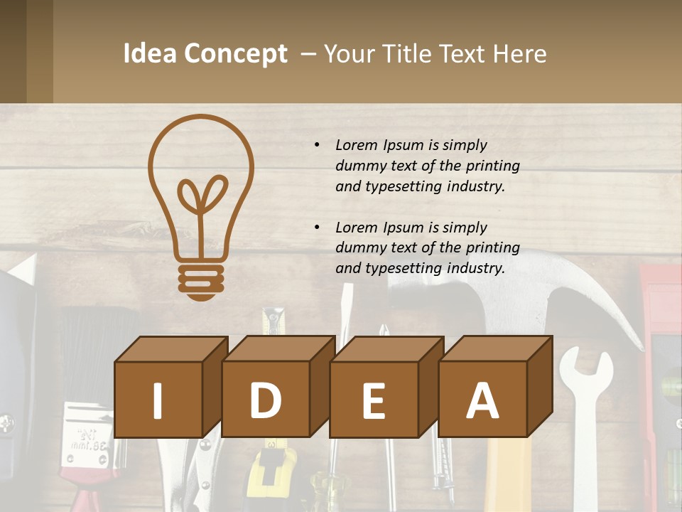 A Variety Of Tools On A Wooden Table PowerPoint Template