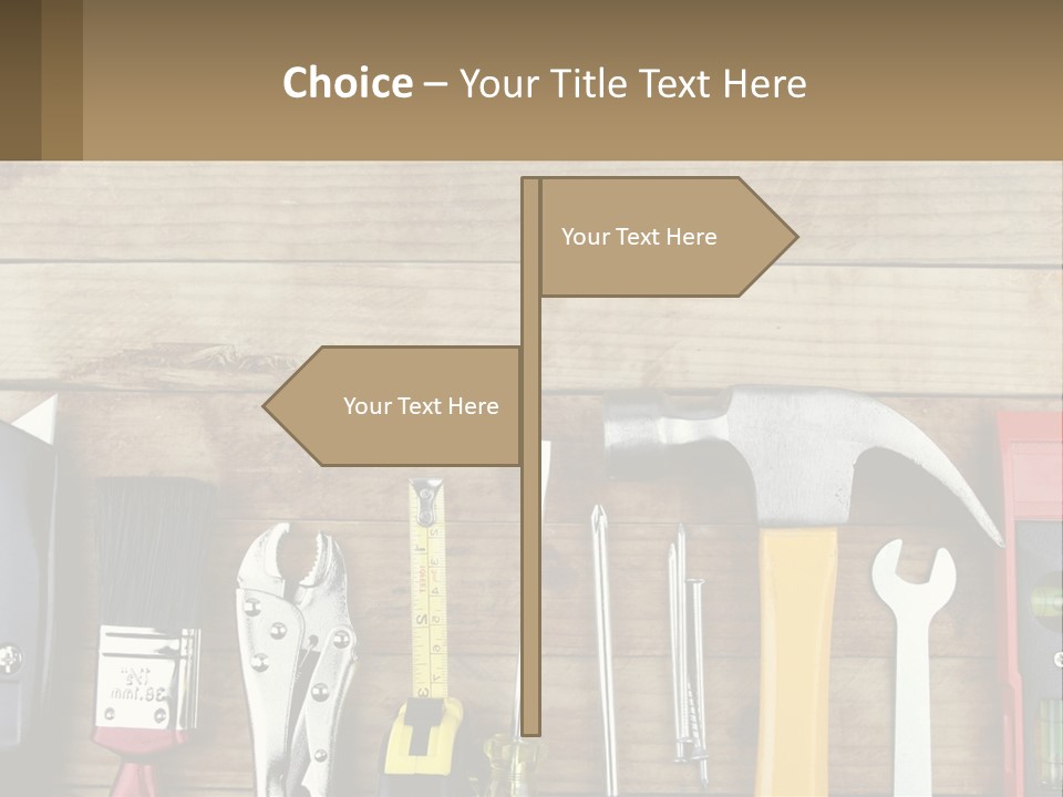 A Variety Of Tools On A Wooden Table PowerPoint Template