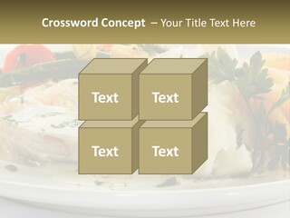 A White Plate Topped With Fish And Vegetables PowerPoint Template