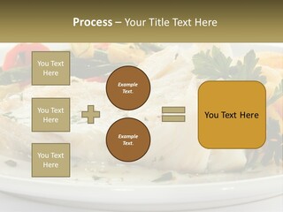 A White Plate Topped With Fish And Vegetables PowerPoint Template