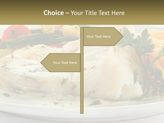 A White Plate Topped With Fish And Vegetables PowerPoint Template