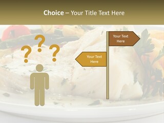 A White Plate Topped With Fish And Vegetables PowerPoint Template