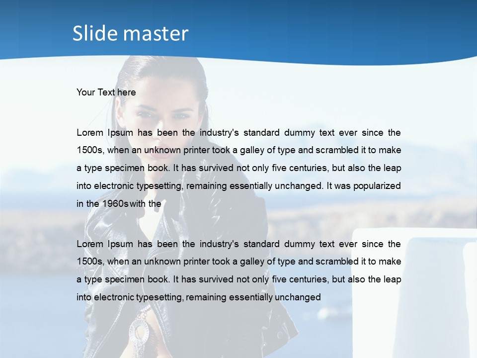 A Woman In A Leather Jacket Is Posing For A Picture PowerPoint Template