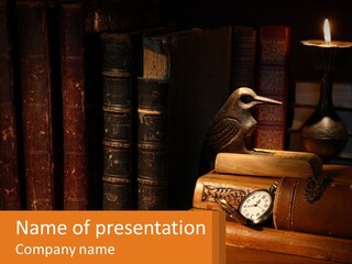 A Bird Sitting On Top Of A Book Shelf Next To A Clock PowerPoint Template