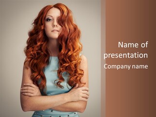 A Woman With Red Hair Is Posing For A Picture PowerPoint Template