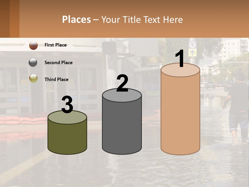 A Man Walking Down A Flooded Street Past A Building PowerPoint Template