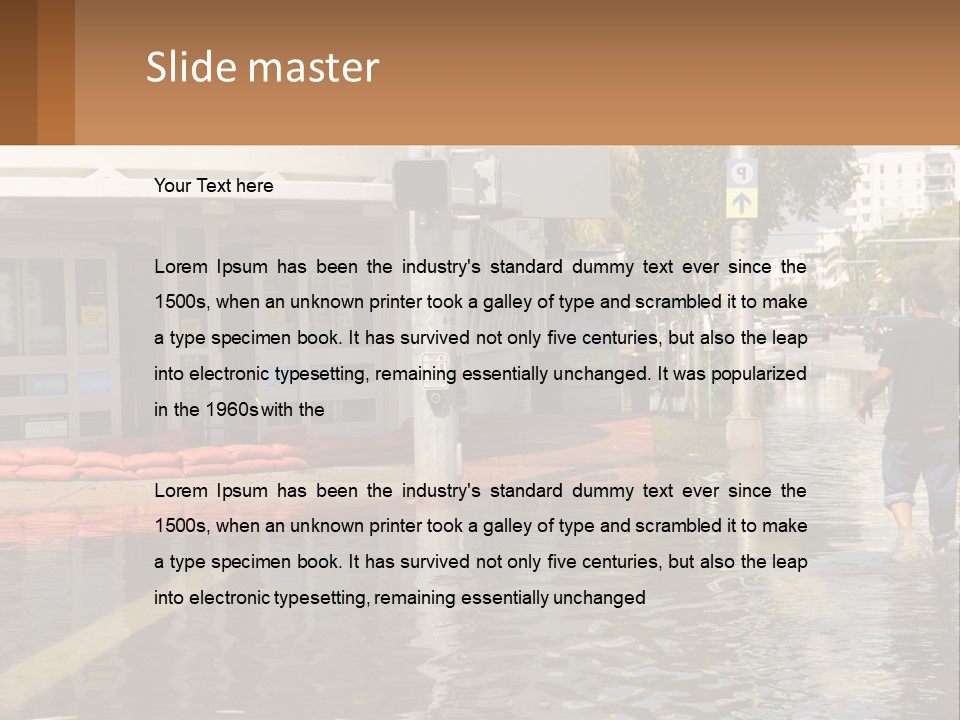 A Man Walking Down A Flooded Street Past A Building PowerPoint Template