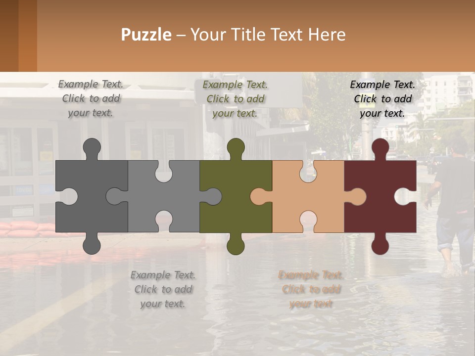 A Man Walking Down A Flooded Street Past A Building PowerPoint Template