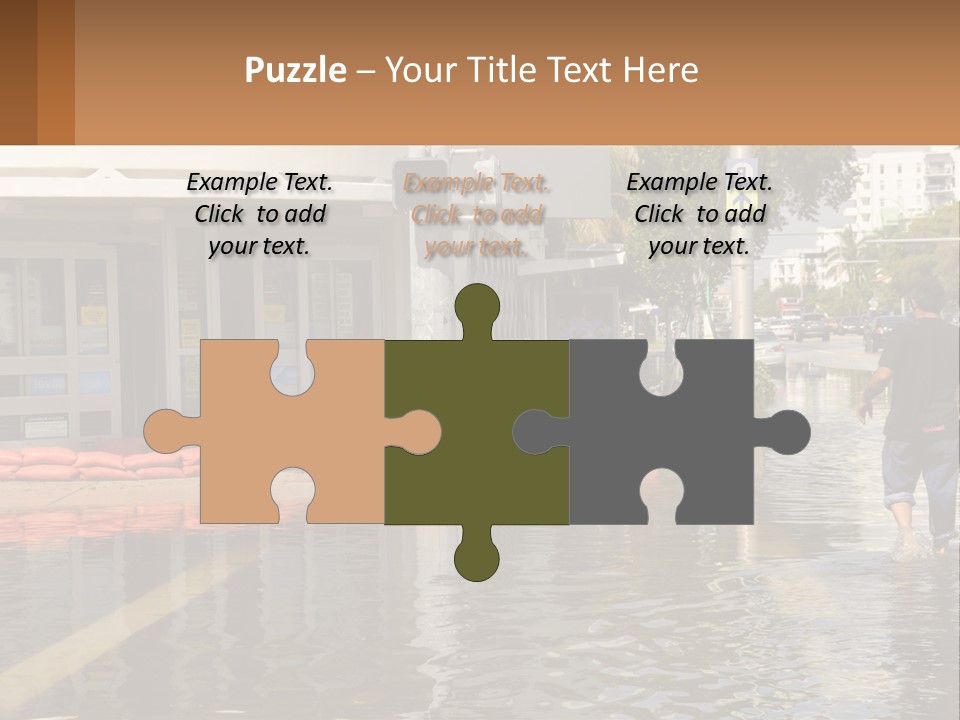 A Man Walking Down A Flooded Street Past A Building PowerPoint Template