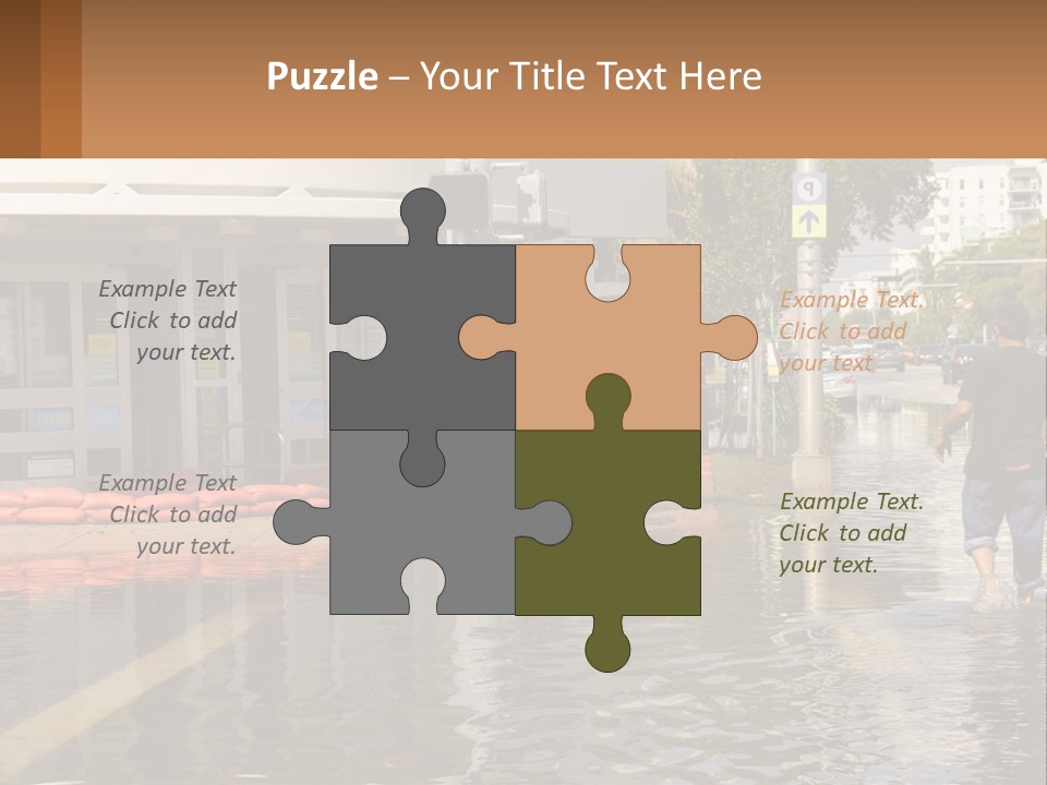 A Man Walking Down A Flooded Street Past A Building PowerPoint Template