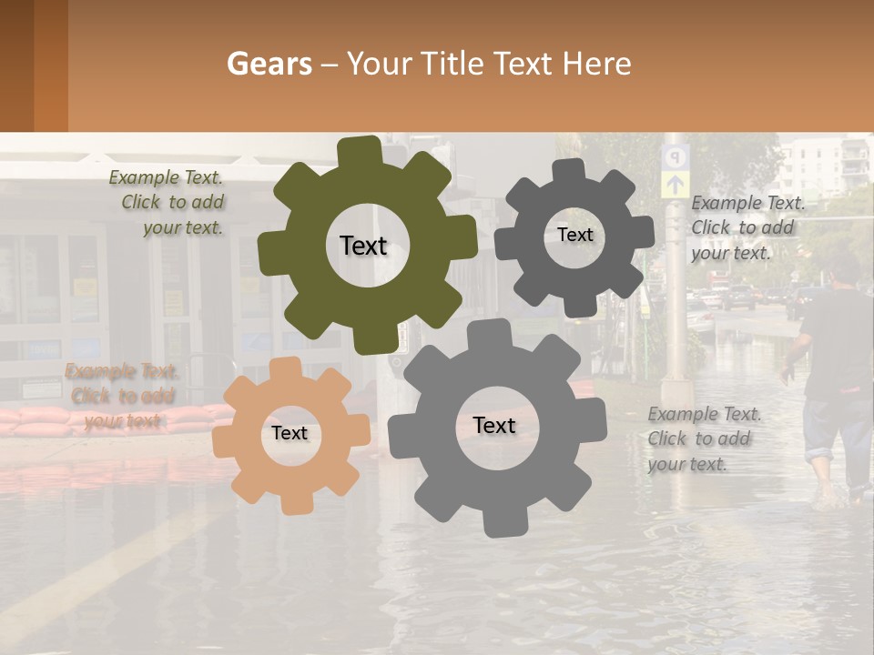 A Man Walking Down A Flooded Street Past A Building PowerPoint Template