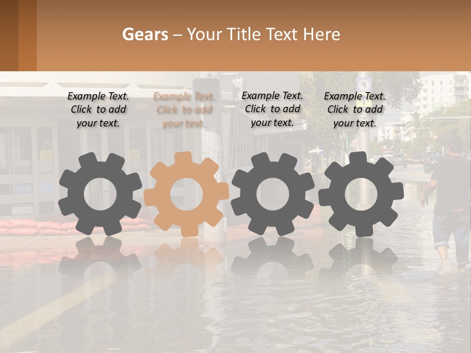 A Man Walking Down A Flooded Street Past A Building PowerPoint Template